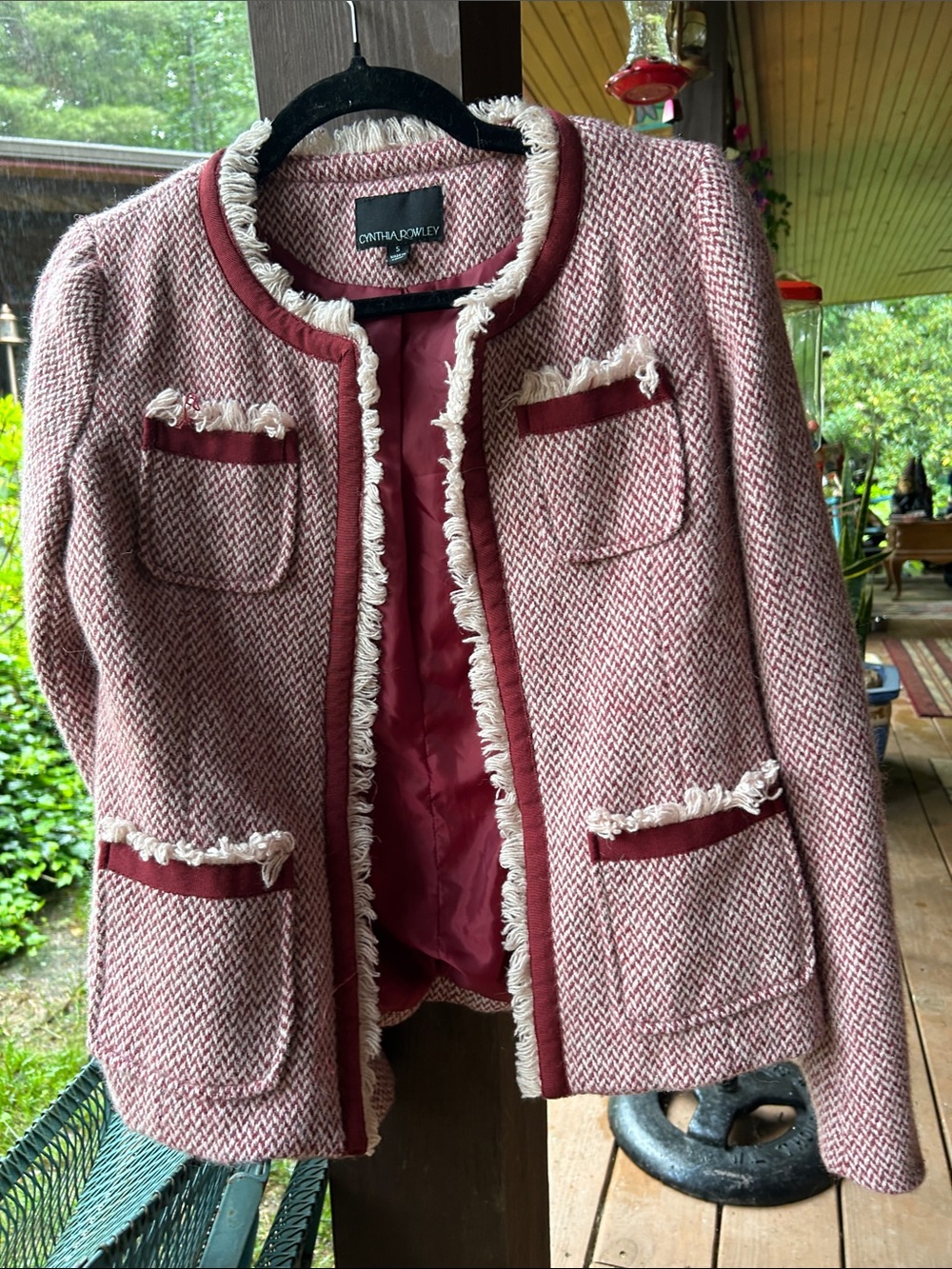 Cynthia Rowley Mauve and Burgundy Tweed Fringe Trim Blazer
